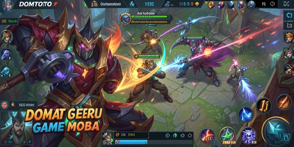 Screenshot utama DOMTOTO menampilkan aksi intense dalam pertandingan MOBA.