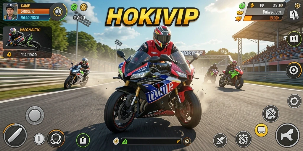 Screenshot HOKIVIP menampilkan aksi balap motor yang mendebarkan.