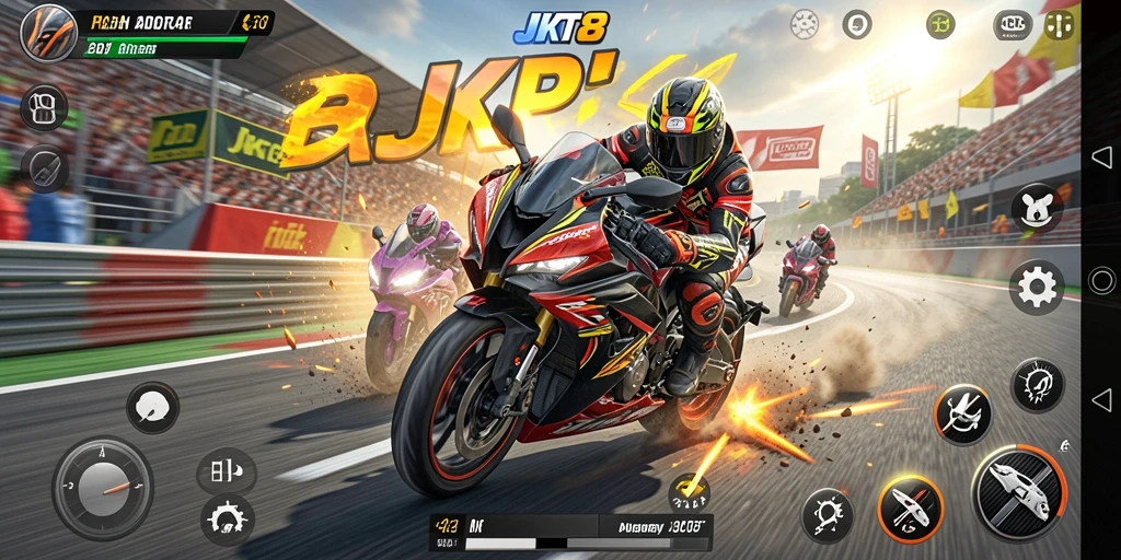 Screenshot gameplay JKT8 menampilkan balapan motor yang mendebarkan.