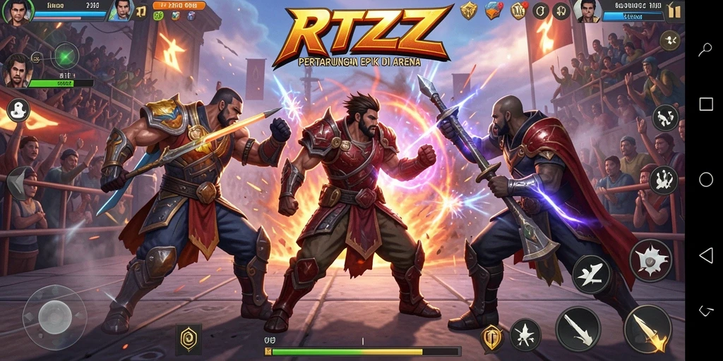 Tampilan screenshot gameplay RTZZ dengan pertarungan seru dan karakter dinamis.