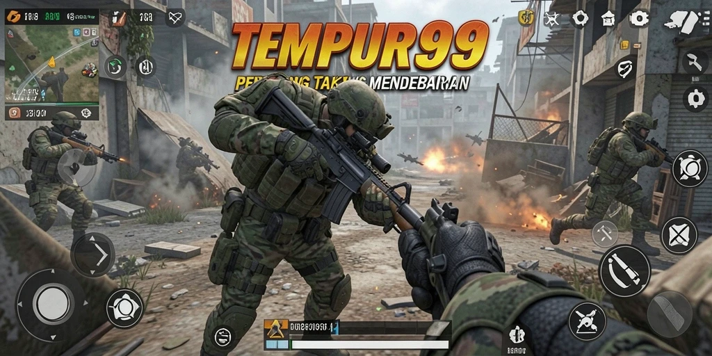 Screenshot gameplay TEMPUR99 yang menggambarkan intense gunfight.