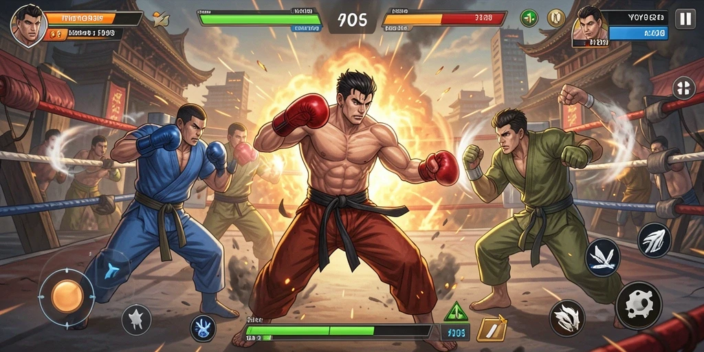 Screenshot utama YOYO88 menampilkan pertarungan seru karakter dalam arena.